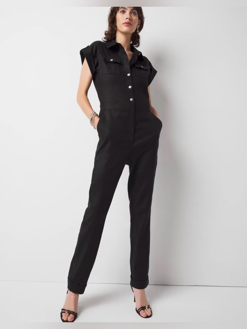 White House Black Market Black Utility Button-Front Jumpsuit
Size OOP